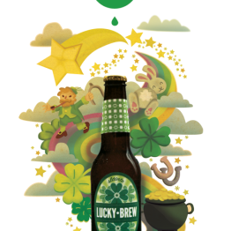 Illustration-based mock ad for Lucky Brew brand beer