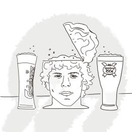 Illustration for Dan Corber's "A Few Good Tweets" : "Sweet I got my 3 favourite beers: Carlsberg, Kronenbourg and Jesse Eisenberg"
